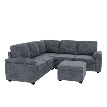 Modern L-Shape Velvet Sectional Sofa, Corner Couch with Ottoman, Grey