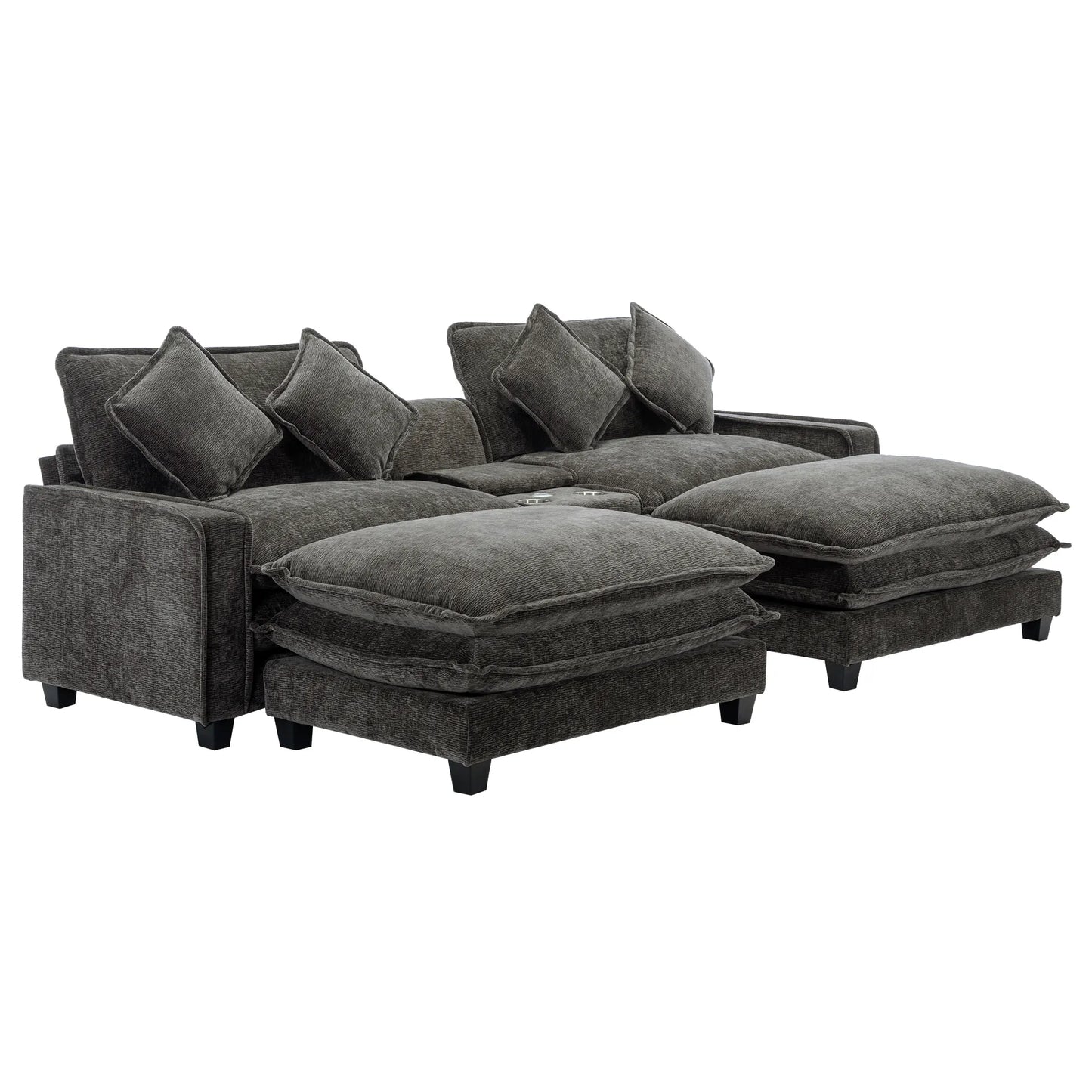 Plush Couch, Deep Seat Couch with Ottomans, Black