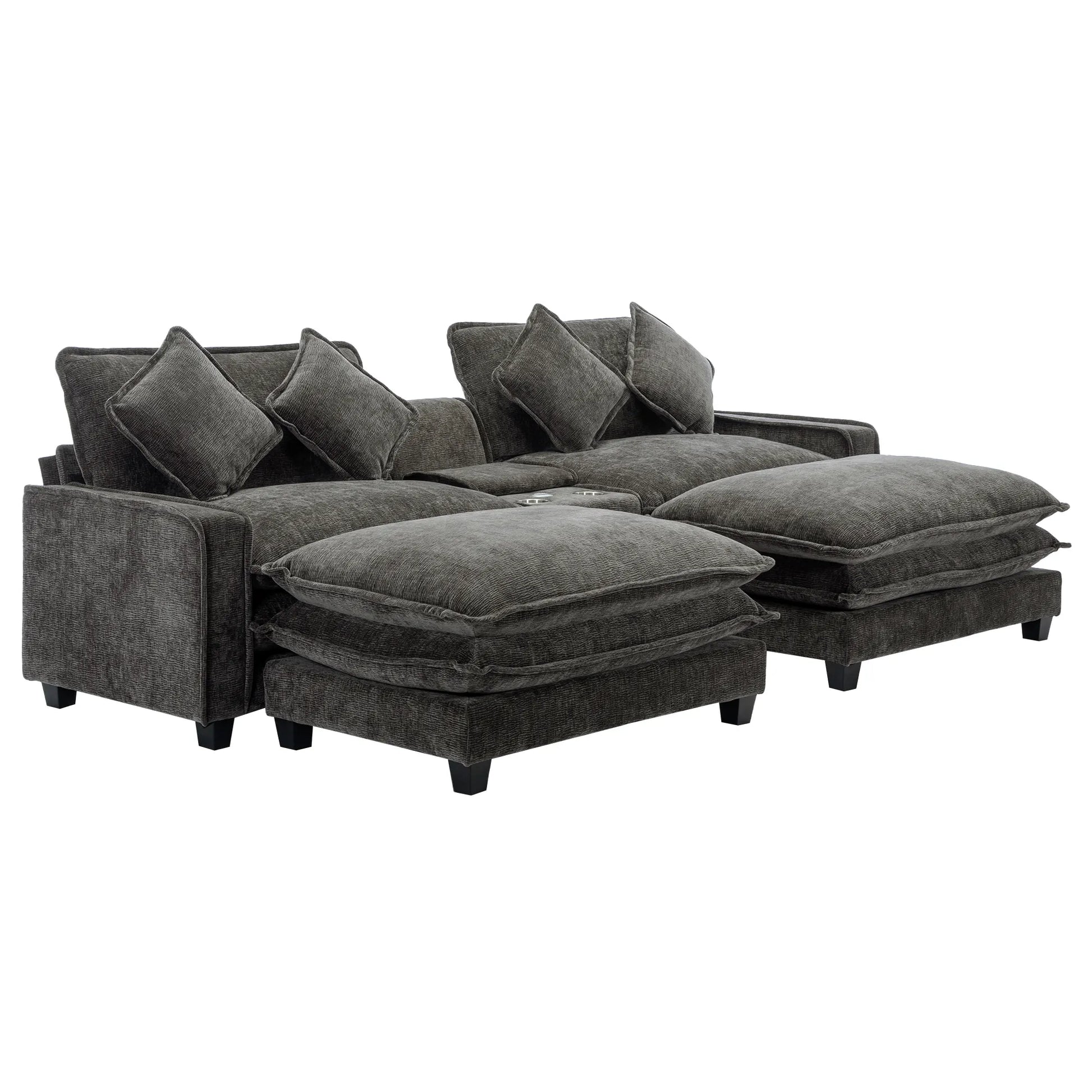 Plush Couch, Deep Seat Couch with Ottomans, Black