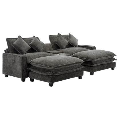 Plush Couch, Deep Seat Couch with Ottomans, Black