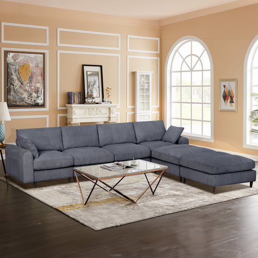Modular Corduroy Couch, U Shaped Sectional 6 Seat Sofa with Ottoman, Gray
