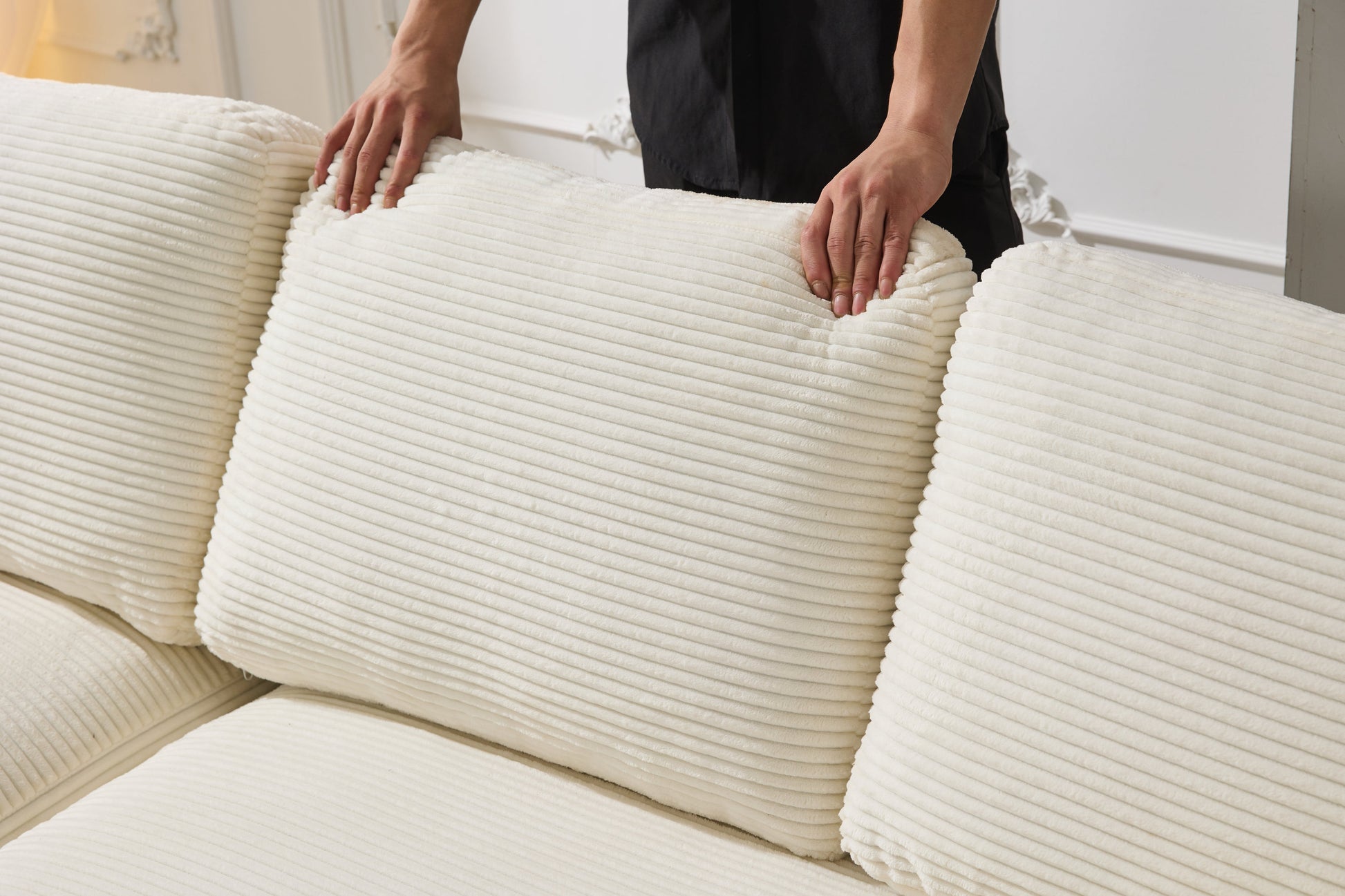 Chaise Lounge Sofa, L Shape Reversible Corduroy Couch Sectional, White