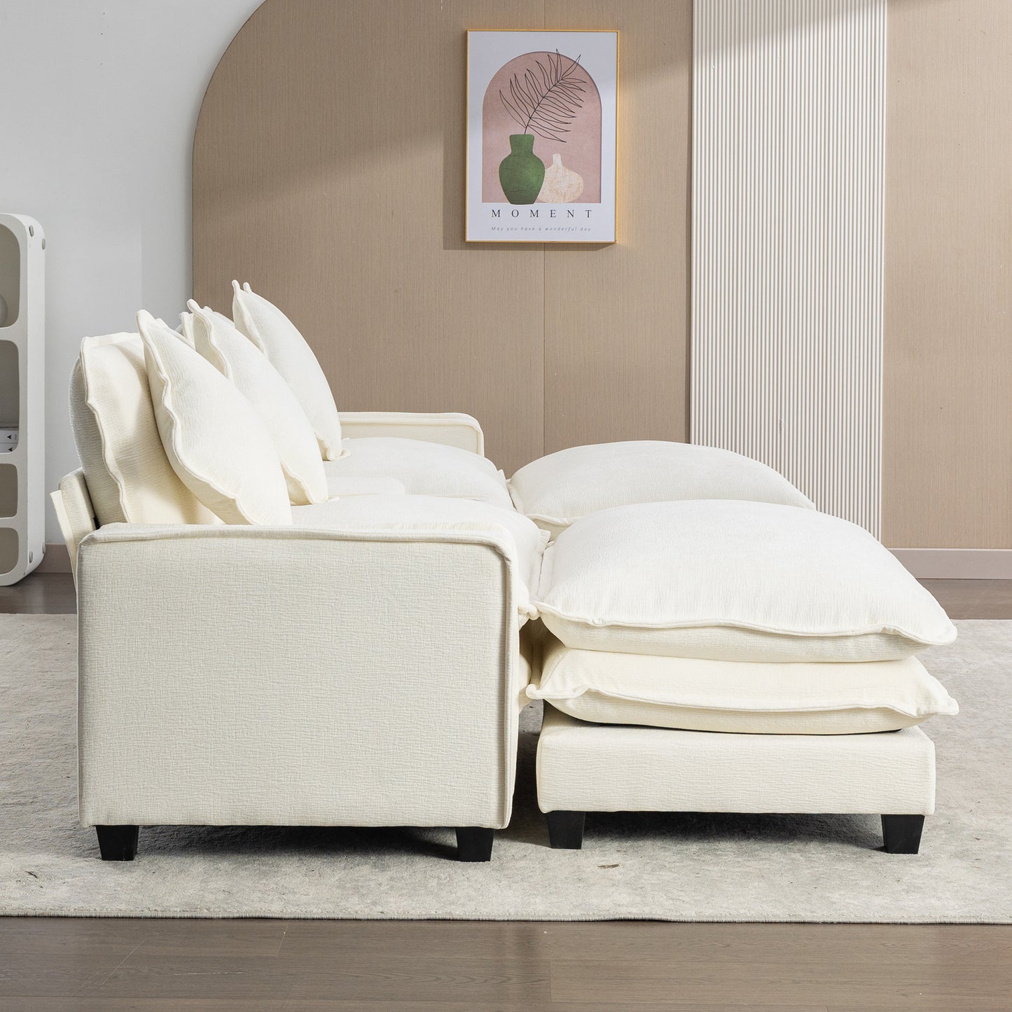 Plush Couch, Deep Seat Couch with Ottomans, Beige