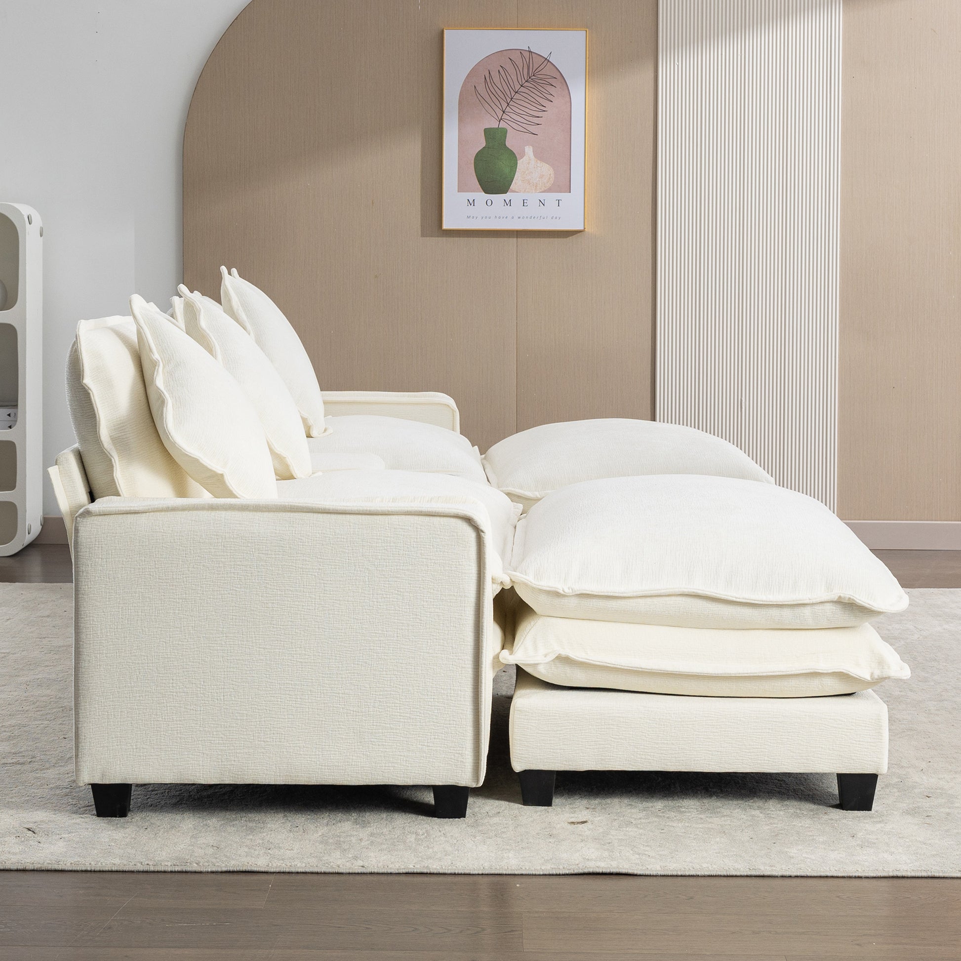 Plush Couch, Deep Seat Couch with Ottomans, Beige