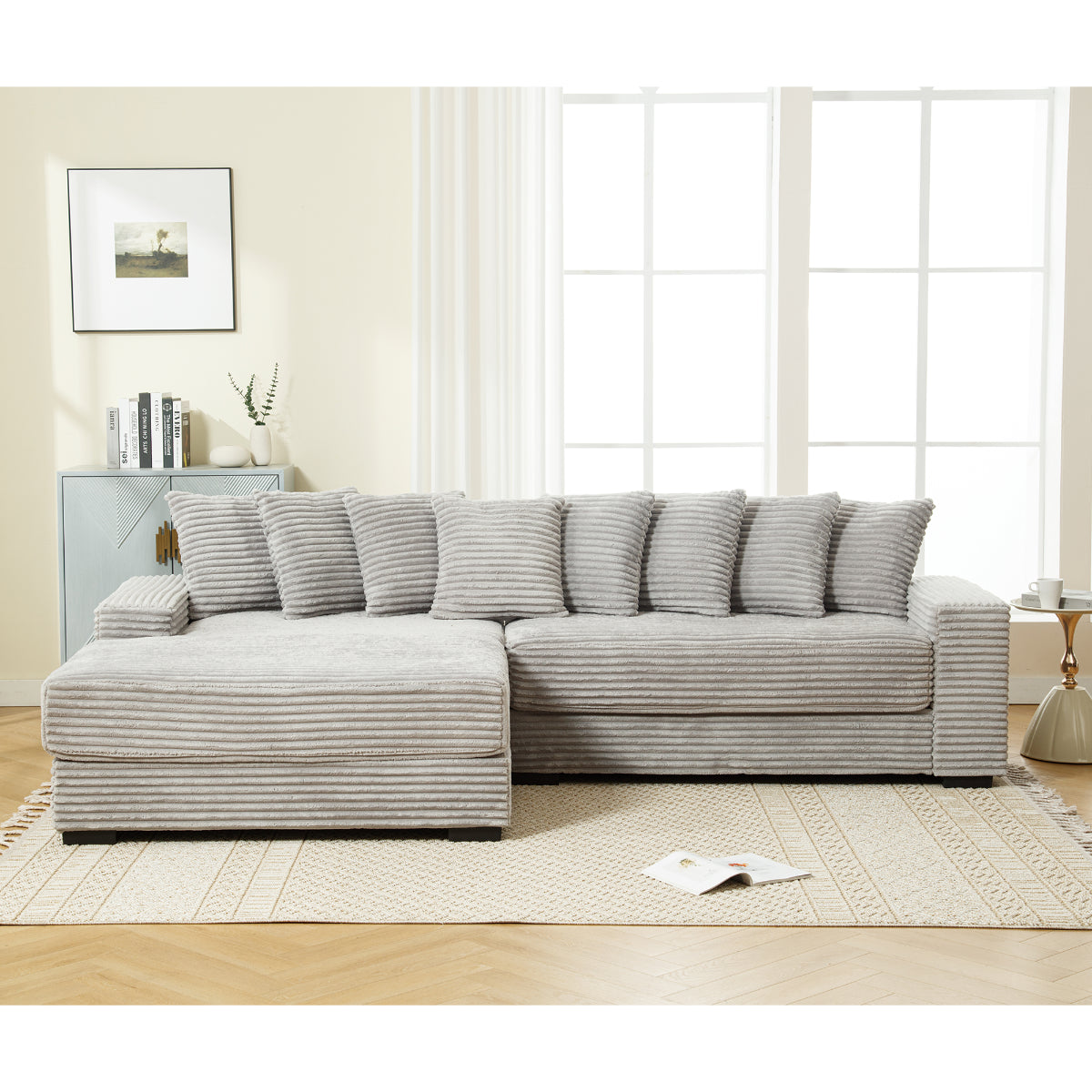 L Shaped Corduroy Couch, Plush Chaise Lounge Sofa, Gray