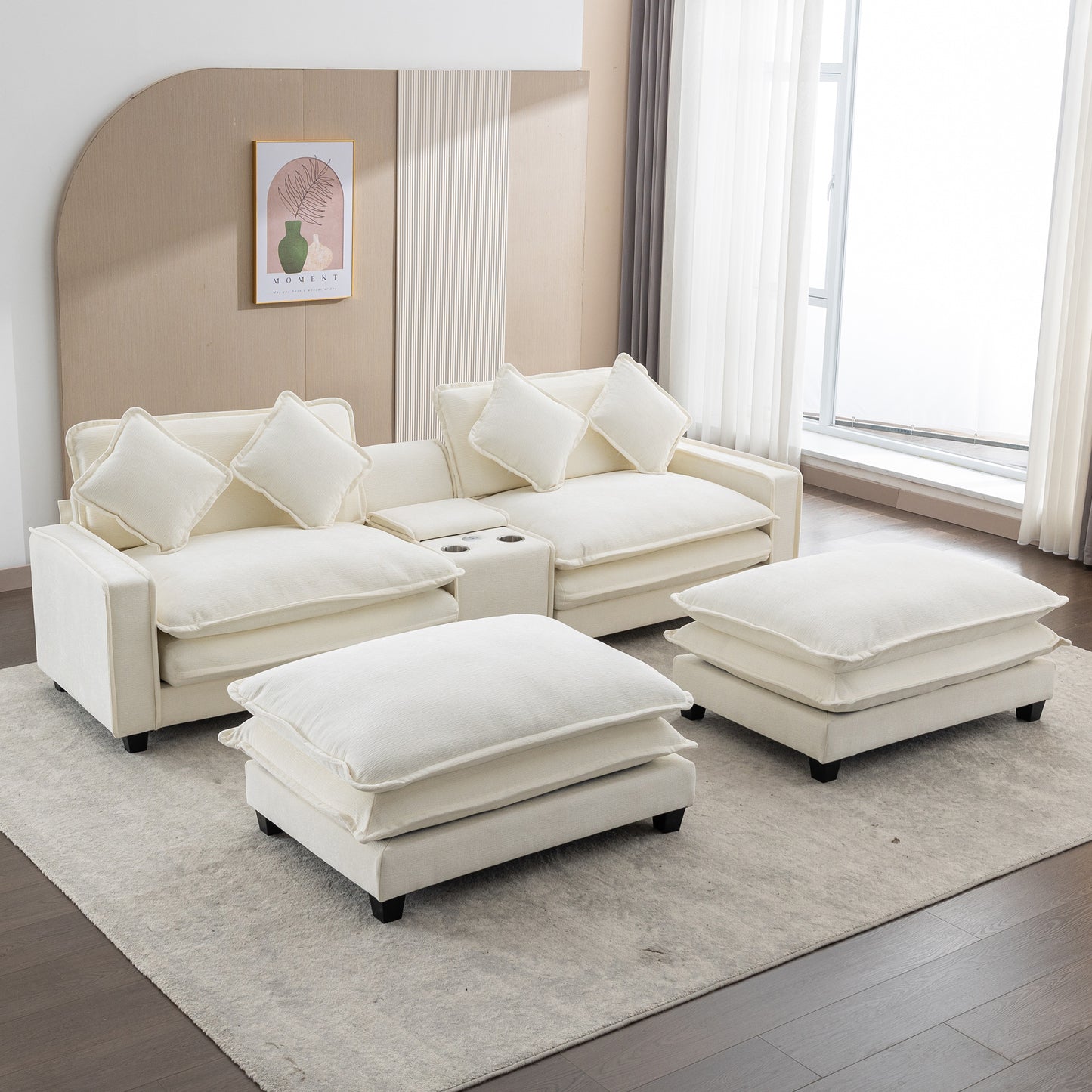 Plush Couch, Deep Seat Couch with Ottomans, Beige