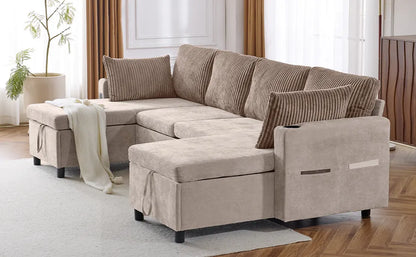 Corduroy Couch with Chaise Sleeper, Sectional Sofa Pull-Out, Brown