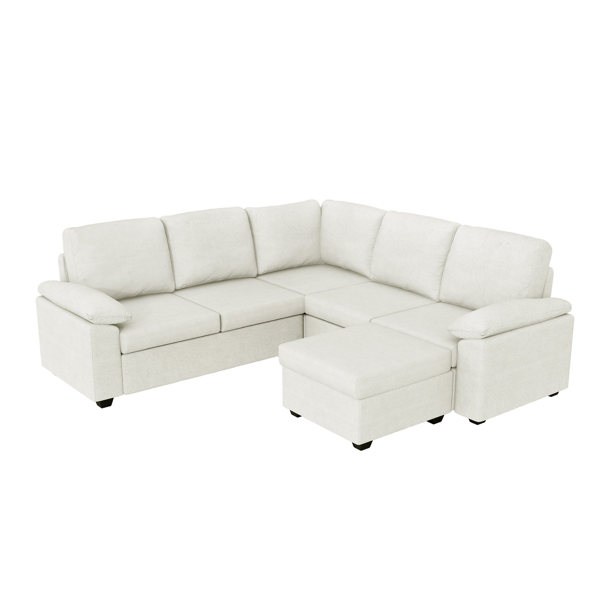 Modern L-Shape Velvet Sectional Sofa, Corner Couch with Ottoman, Beige