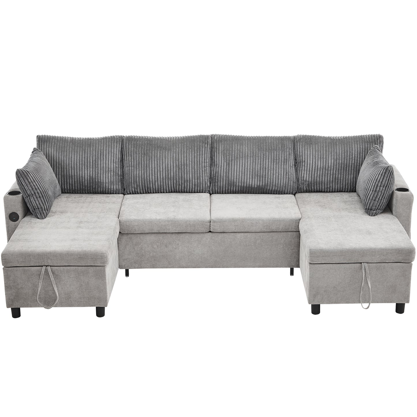Corduroy Couch with Chaise Sleeper, Sectional Sofa Pull-Out, Grey