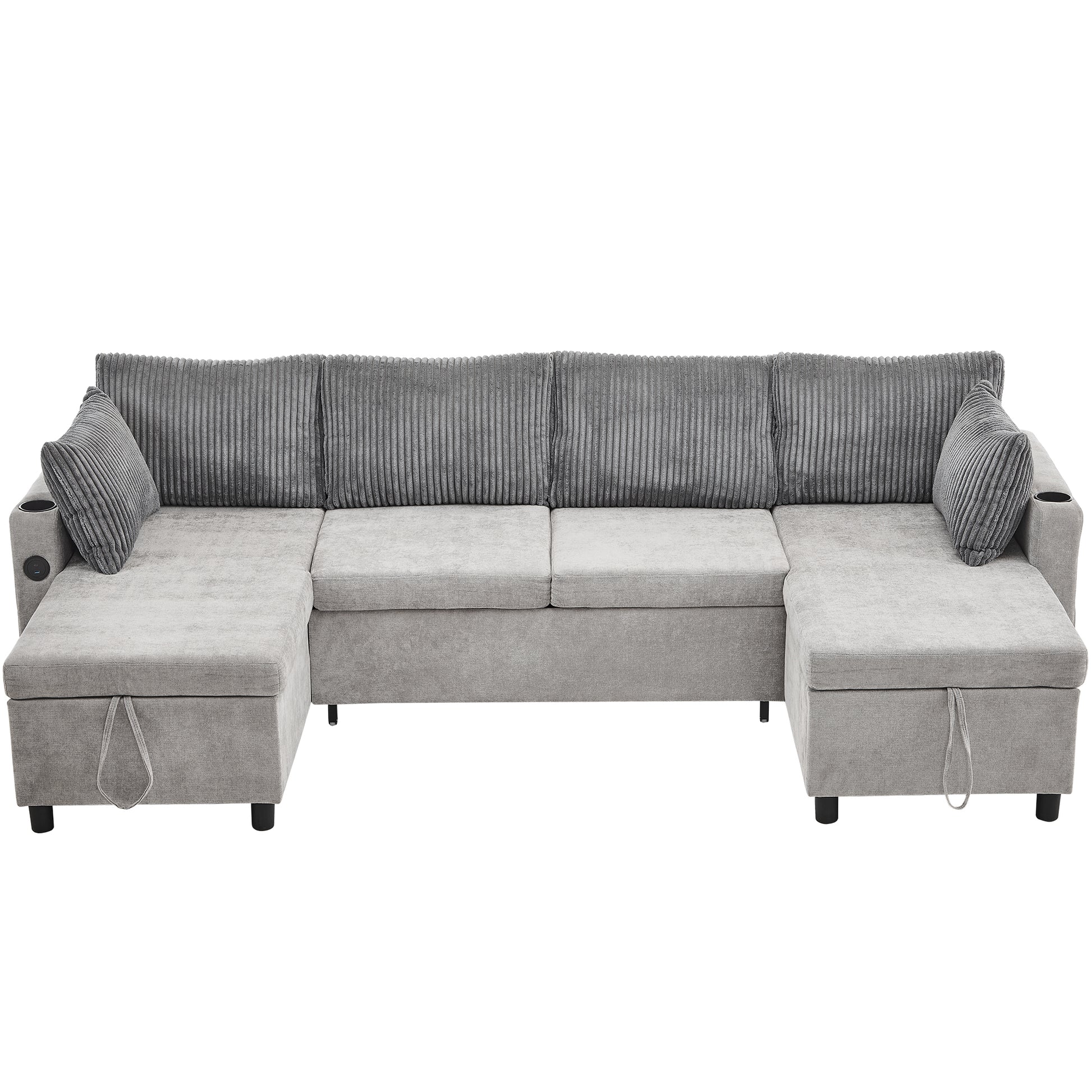 Corduroy Couch with Chaise Sleeper, Sectional Sofa Pull-Out, Grey