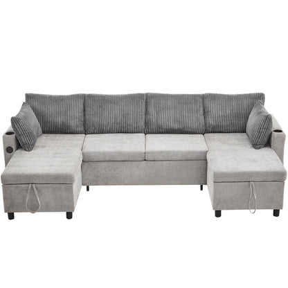 Corduroy Couch with Chaise Sleeper, Sectional Sofa Pull-Out, Grey