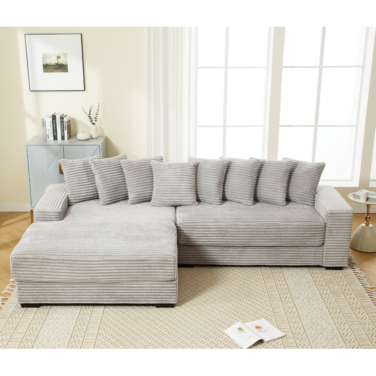 L Shaped Corduroy Couch, Plush Chaise Lounge Sofa, Gray