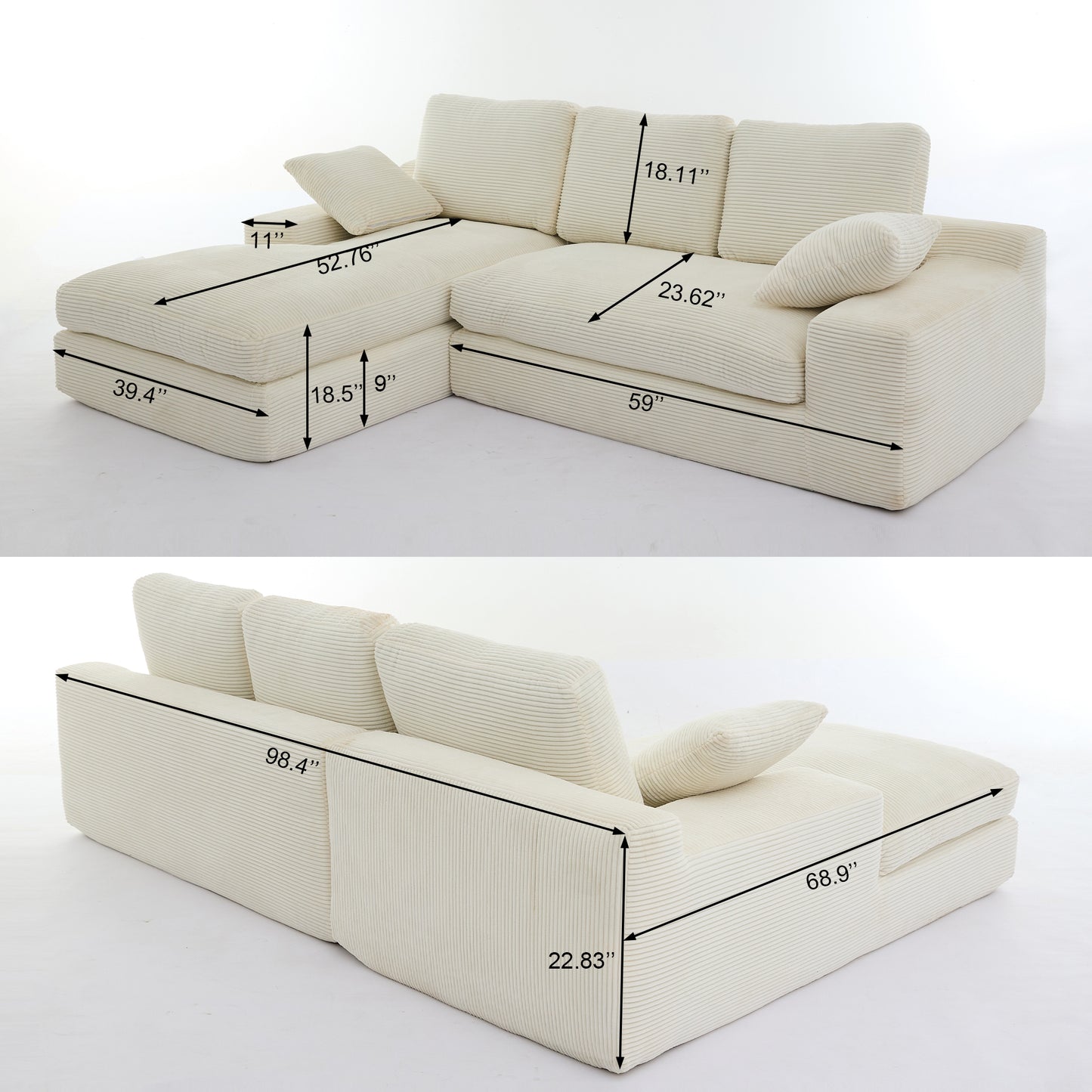 Chaise Lounge Sofa, L Shape Reversible Corduroy Couch Sectional, White