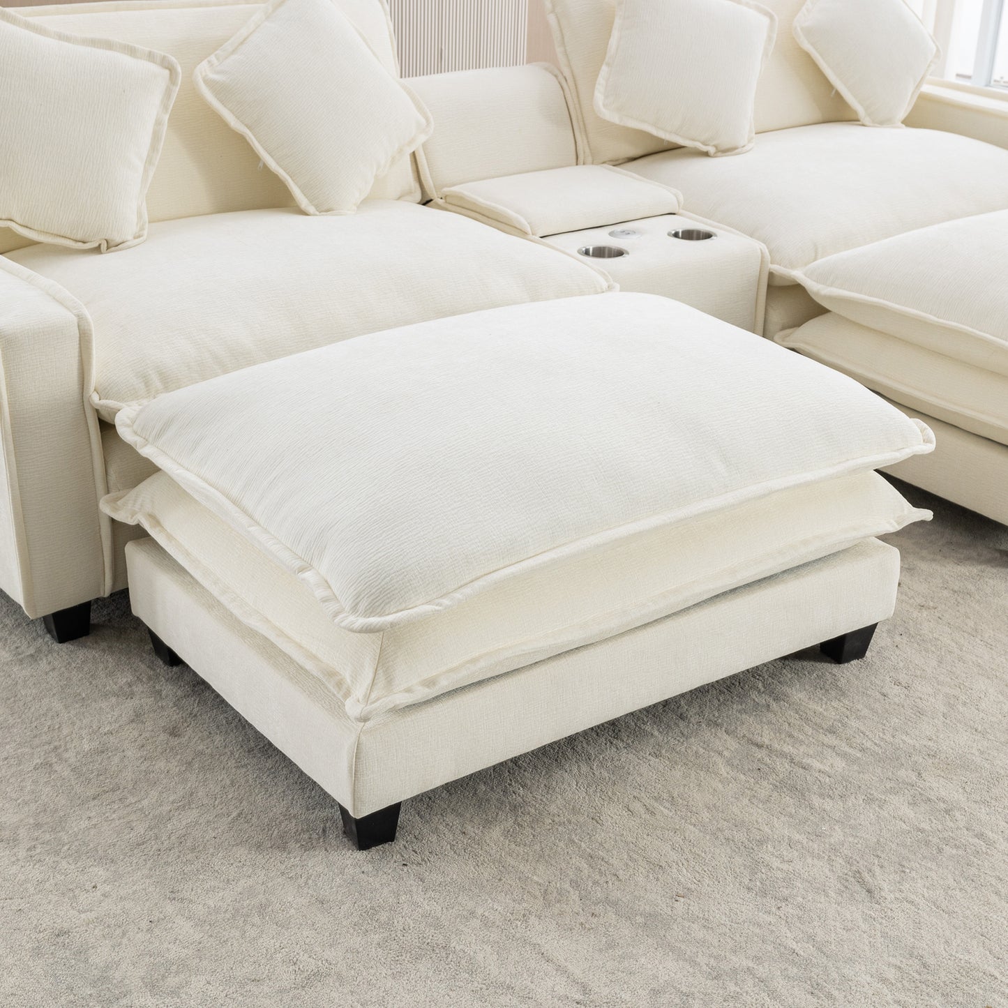 Plush Couch, Deep Seat Couch with Ottomans, Beige