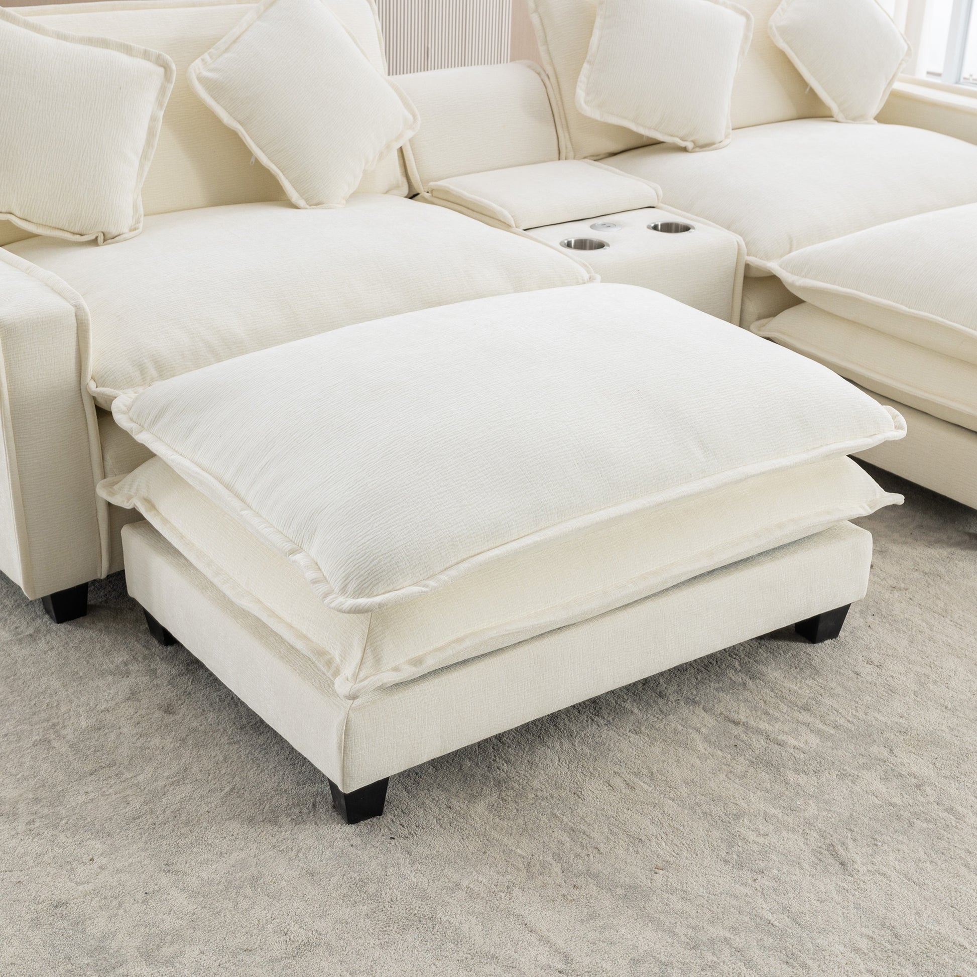 Plush Couch, Deep Seat Couch with Ottomans, Beige