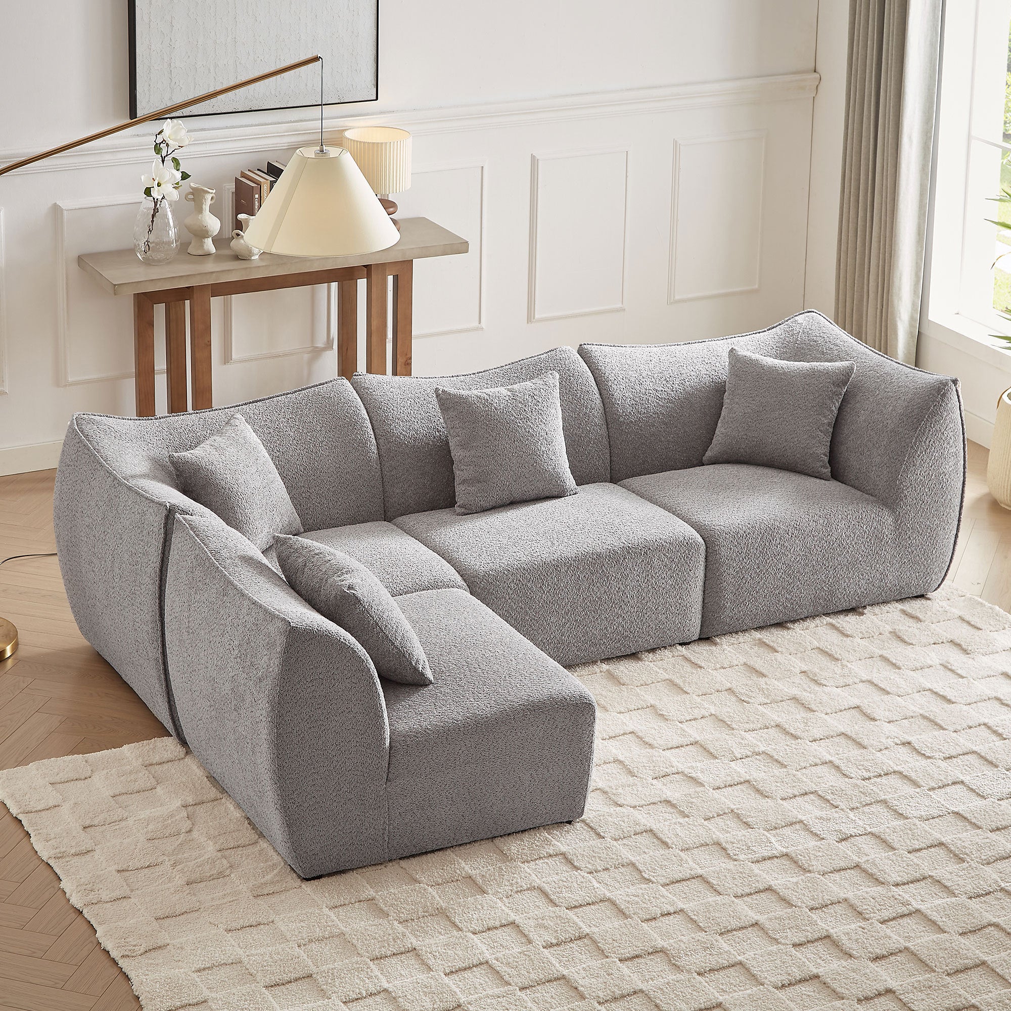 Grey Sectional Couch, Sofa L Shape, Comfy Teddy Fleece