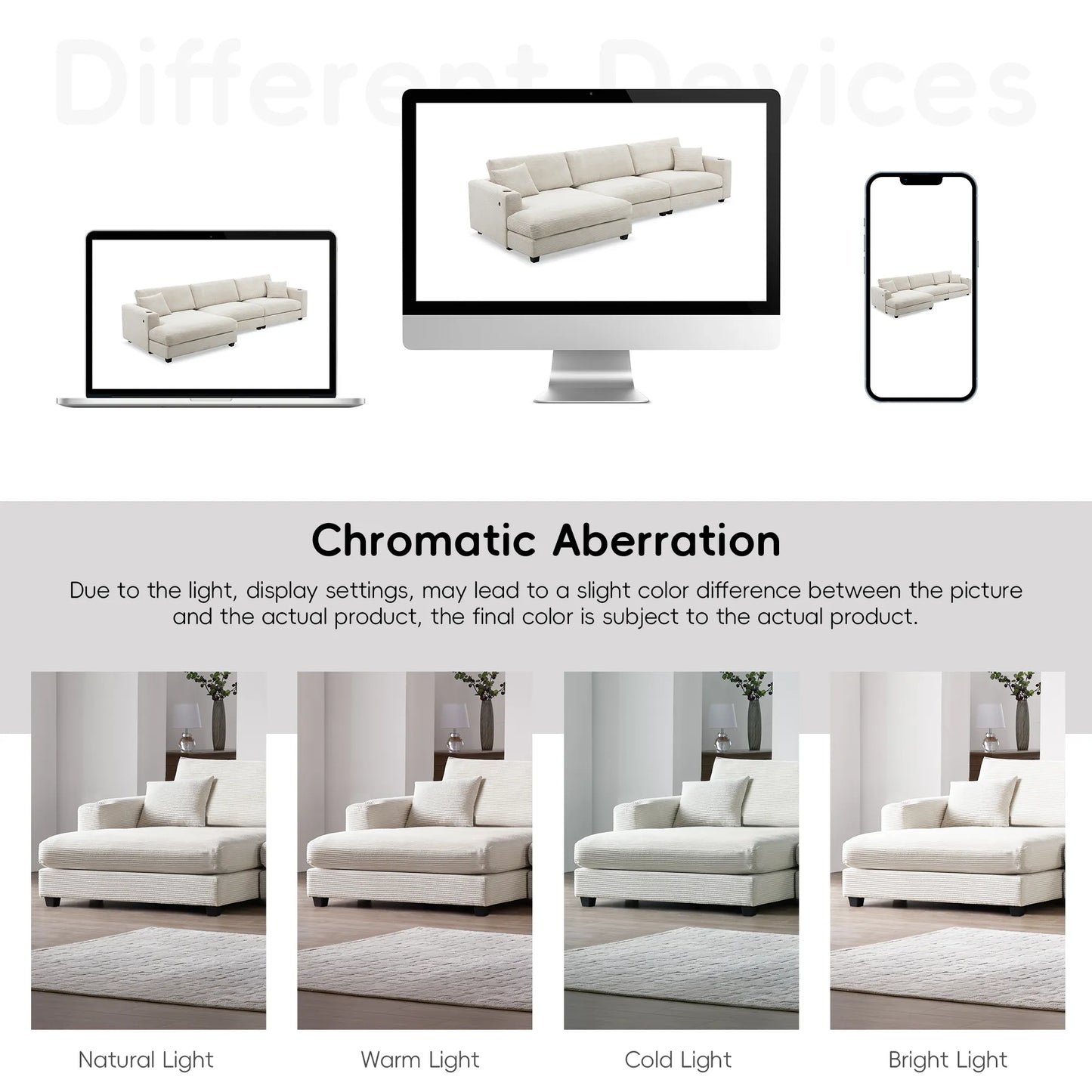 Deep Seat Corduroy Sofa, Large Sectional Couch with Chaise, Beige