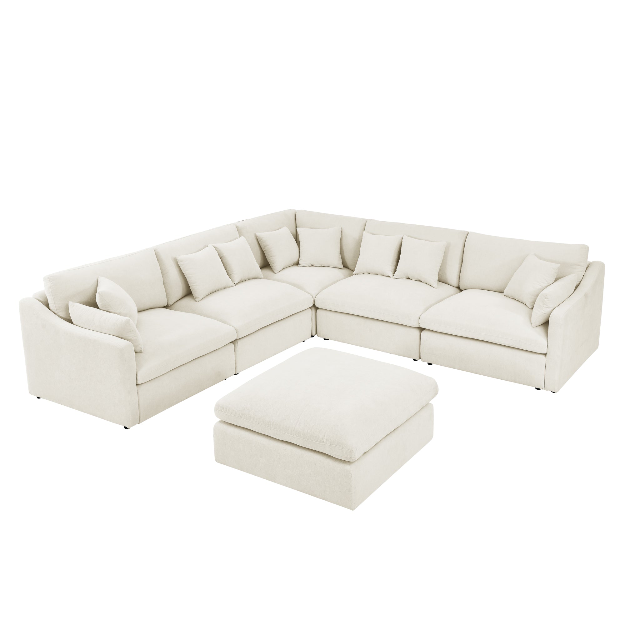 Sofa L Shape, Corner Sectional Couch with Ottoman, Beige