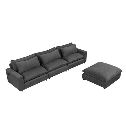 Comfy Sectional Cloud Couch, Chenille Sofa with Ottoman, Grey