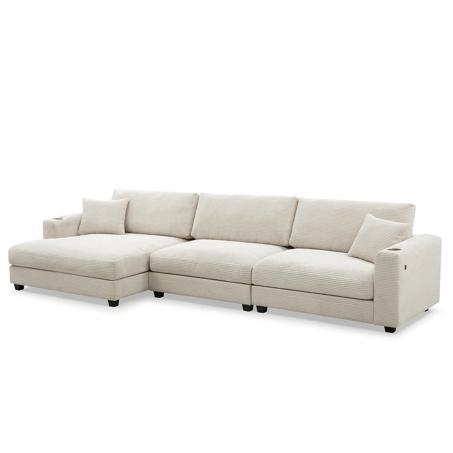 Deep Seat Corduroy Sofa, Large Sectional Couch with Chaise, Beige