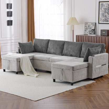 Corduroy Couch with Chaise Sleeper, Sectional Sofa Pull-Out, Grey