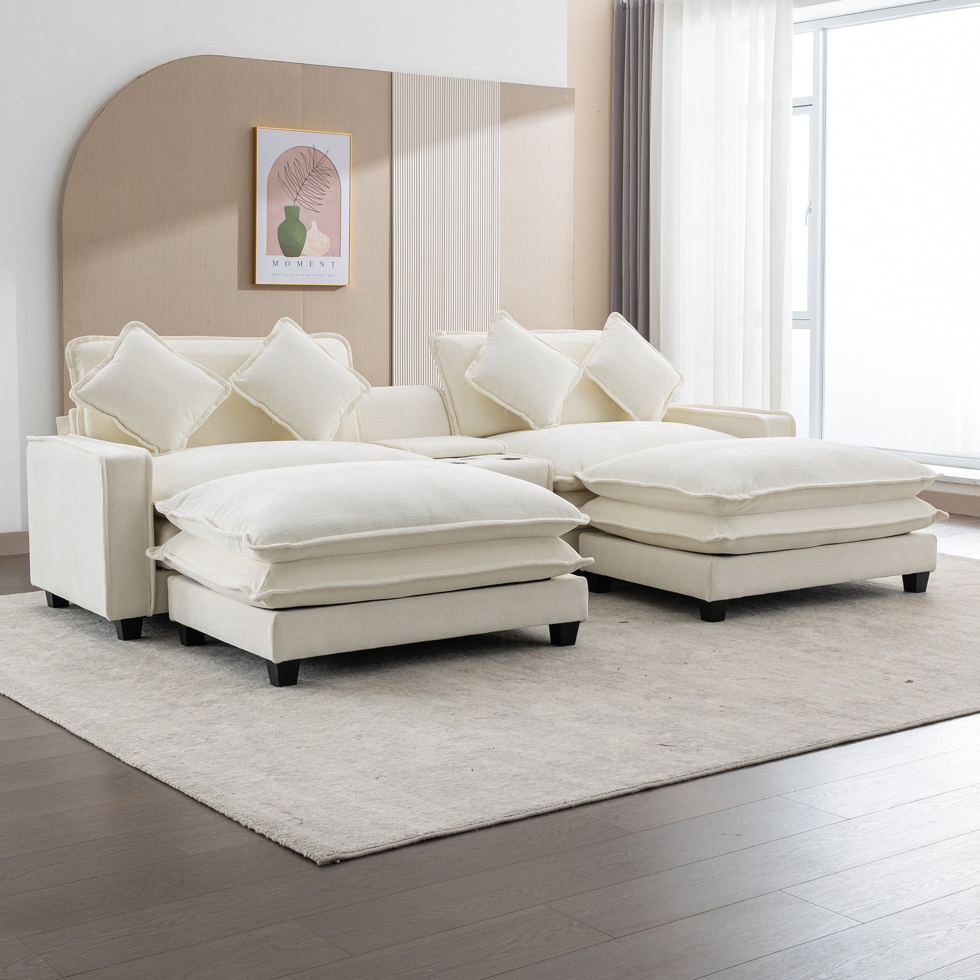 Plush Couch, Deep Seat Couch with Ottomans, Beige