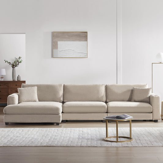 Deep Seat Corduroy Sofa, Large Sectional Couch with Chaise, Khaki