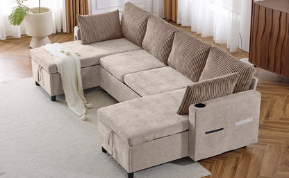 Corduroy Couch with Chaise Sleeper, Sectional Sofa Pull-Out, Brown