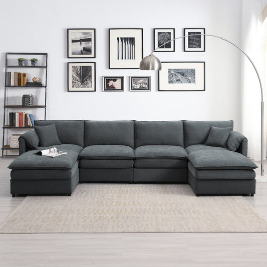 Large U Shaped Sectional, Modular Cloud Couch with Ottomans, Gray