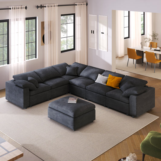 Large Modular Couch, U Shaped Sectional Sofa with Ottoman, Grey