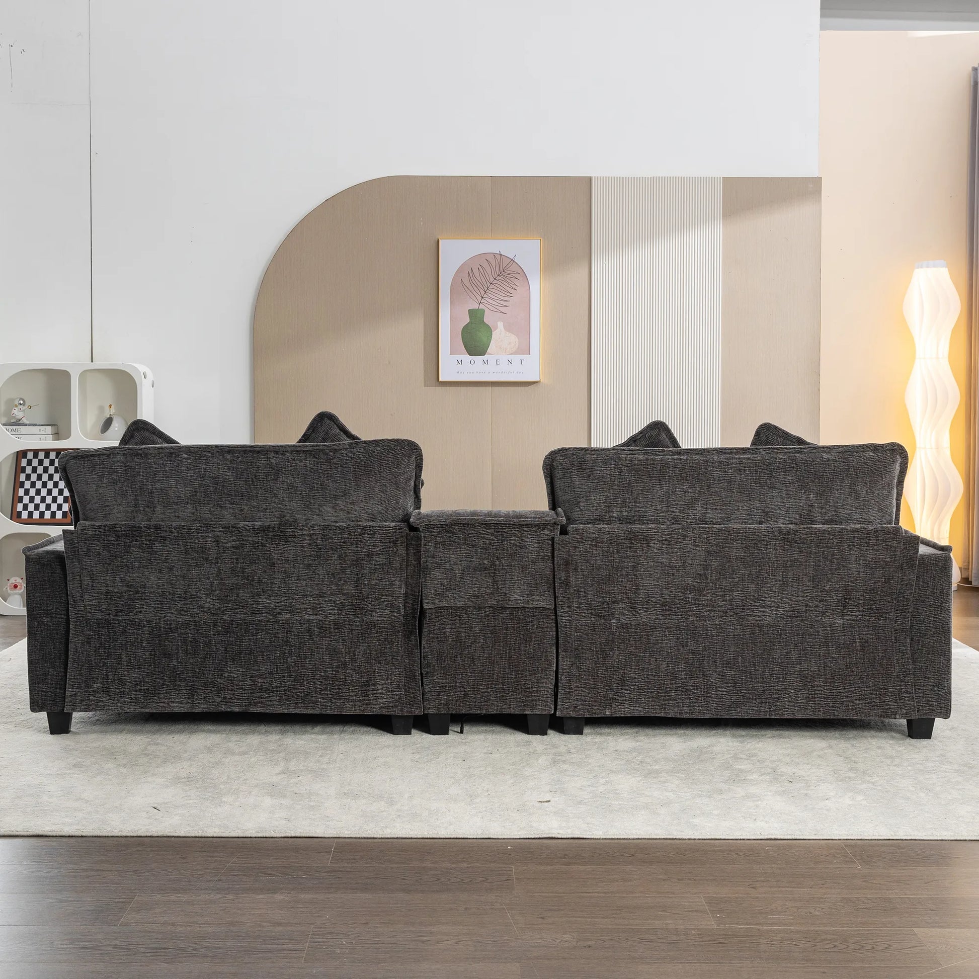 Plush Couch, Deep Seat Couch with Ottomans, Black