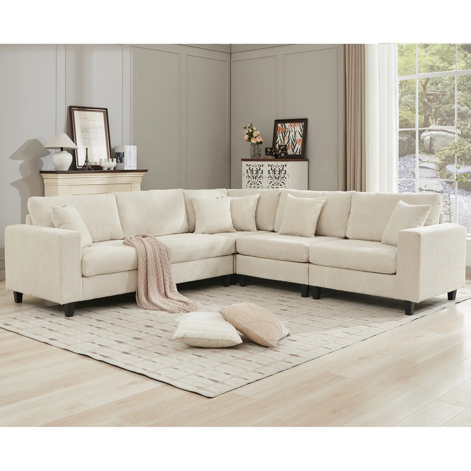 Modular Sectional Sofa, Deep Seat Corduroy Couch, Beige