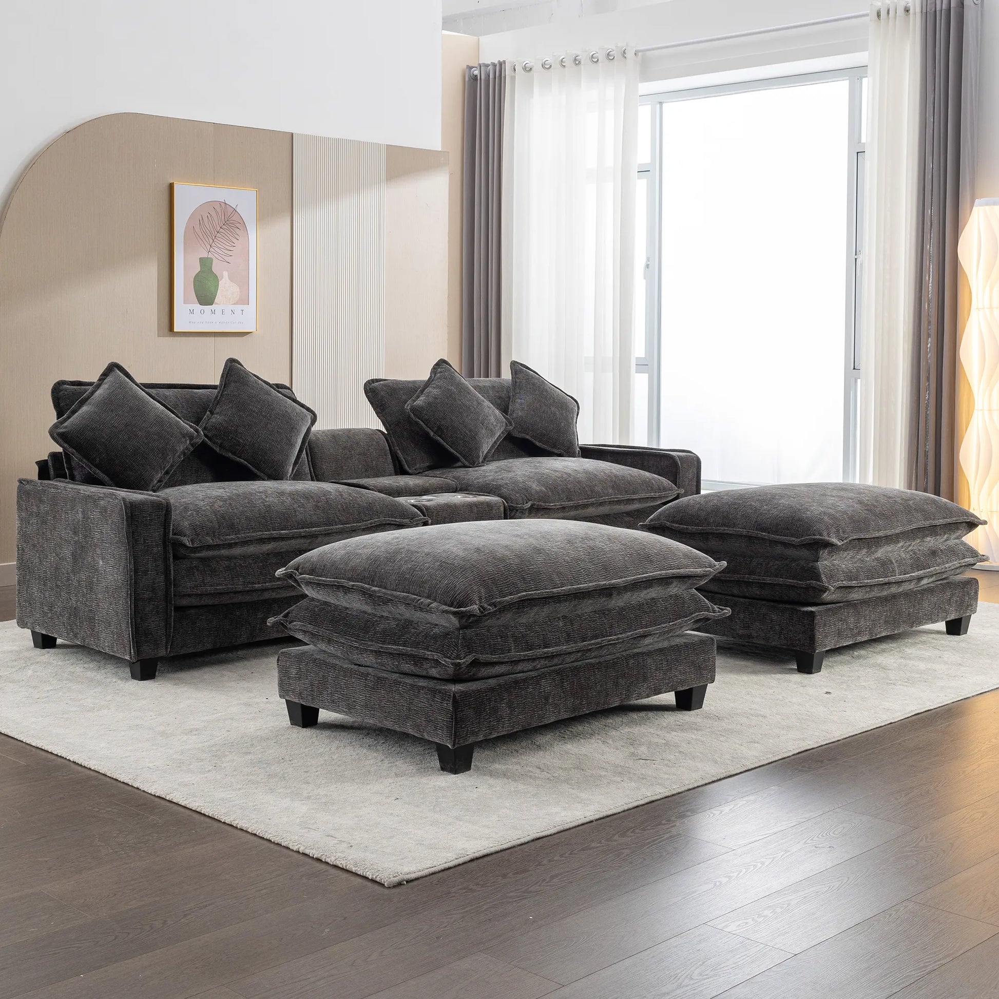 Plush Couch, Deep Seat Couch with Ottomans, Black