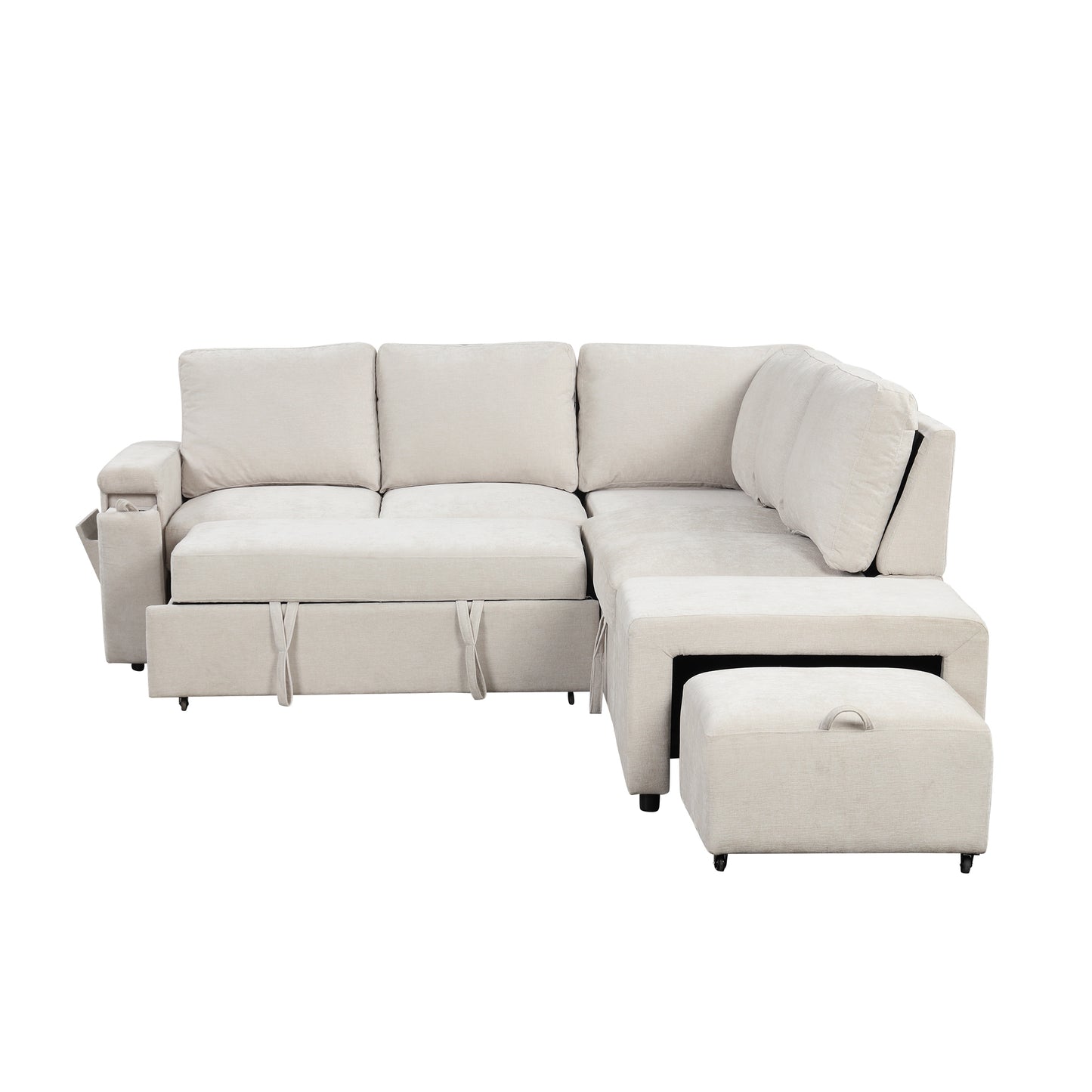 Sleeper Sectional, Sofa L Shape, Couch with Ottoman and Storage, Beige/Gray/Blue