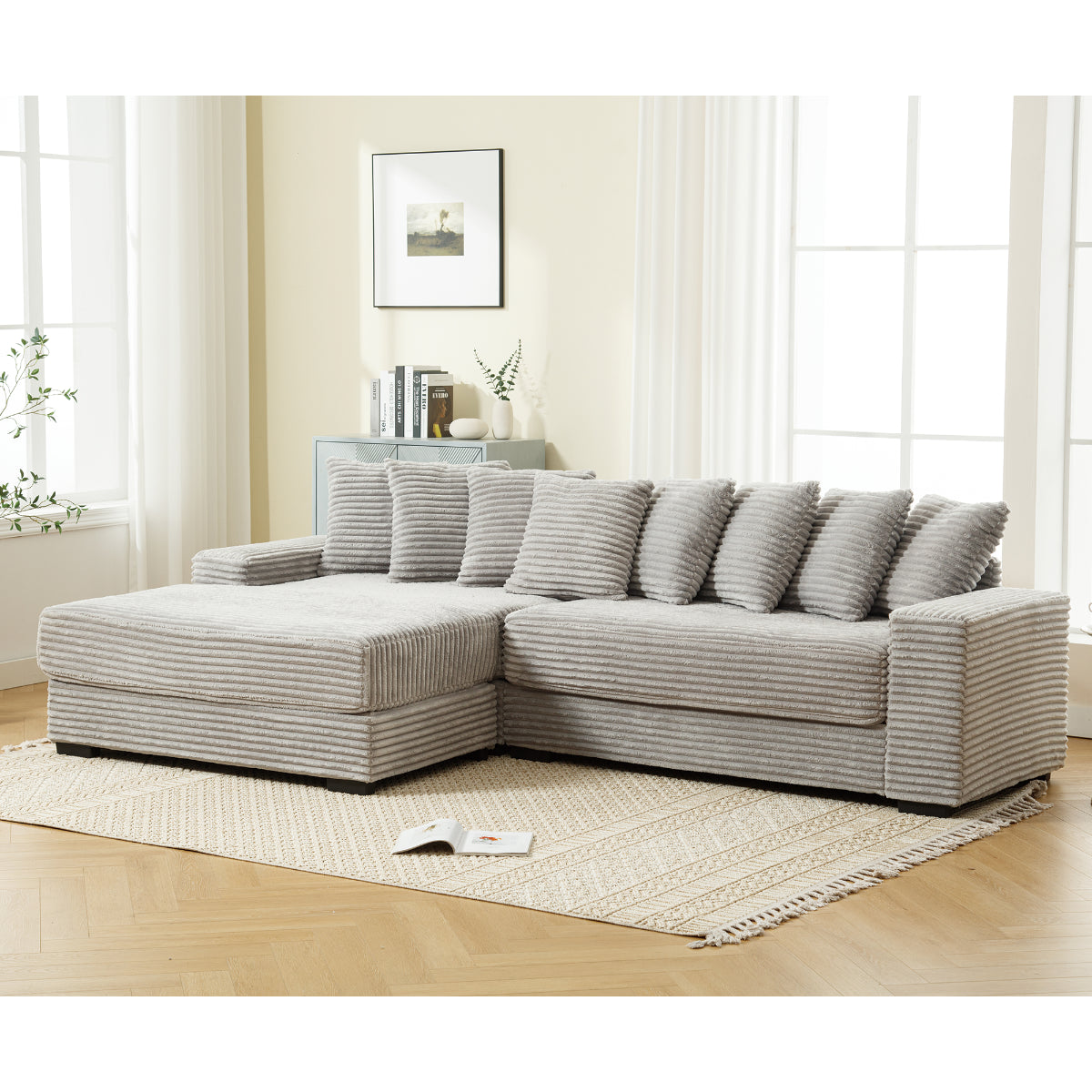 L Shaped Corduroy Couch, Plush Chaise Lounge Sofa, Gray