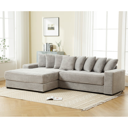 L Shaped Corduroy Couch, Plush Chaise Lounge Sofa, Gray
