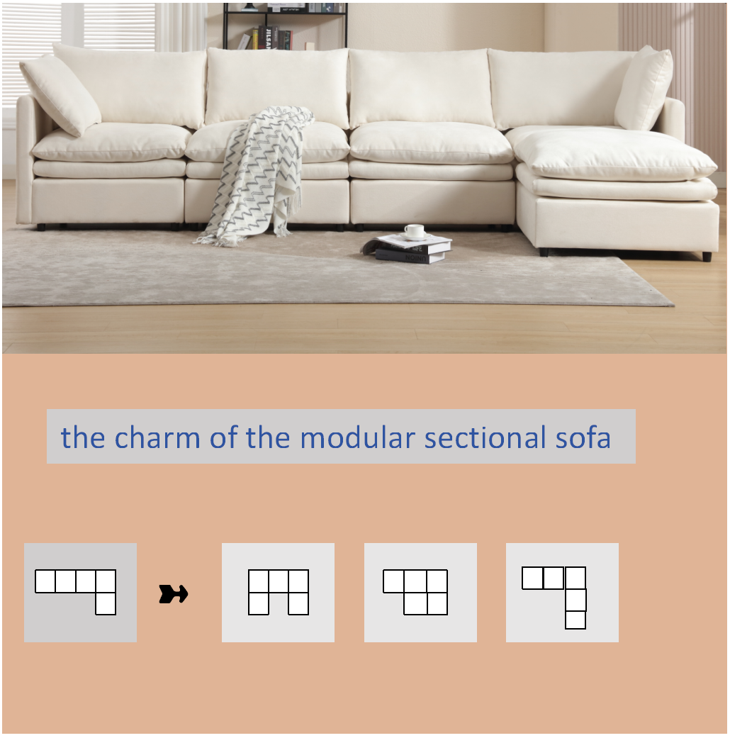 Modular Cloud Couch, U Shaped Sectional Sofa with Ottoman, Beige