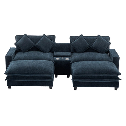 Plush Couch, Deep Seat Couch with Ottomans, Blue