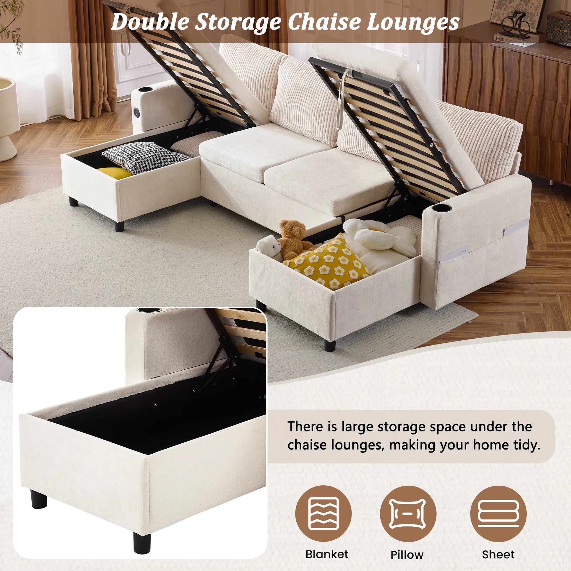 Corduroy Couch with Chaise Sleeper, Sectional Sofa Pull-Out, Beige