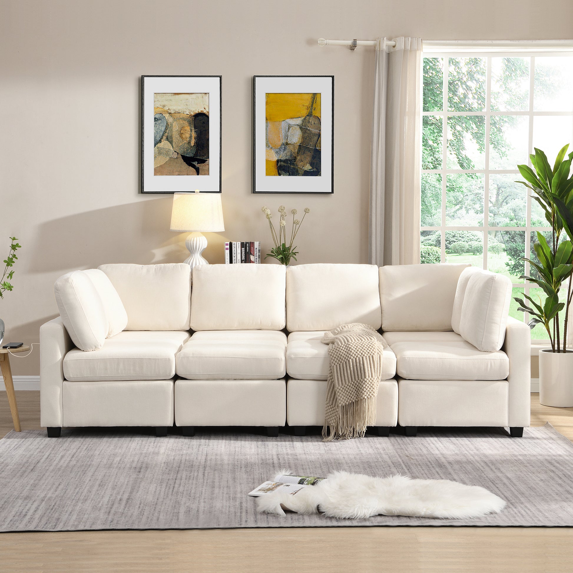 U Shaped Couch, Chenille Sectional Sofa with Ottoman, Beige