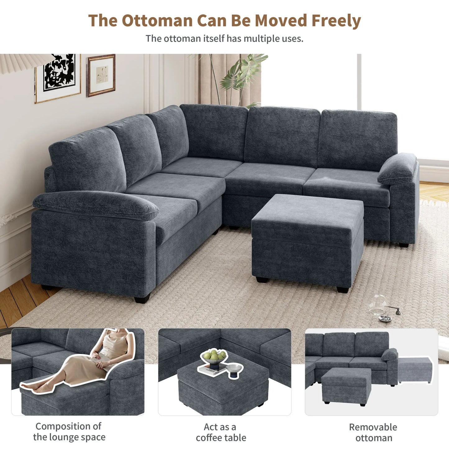 Modern L-Shape Velvet Sectional Sofa, Corner Couch with Ottoman, Grey