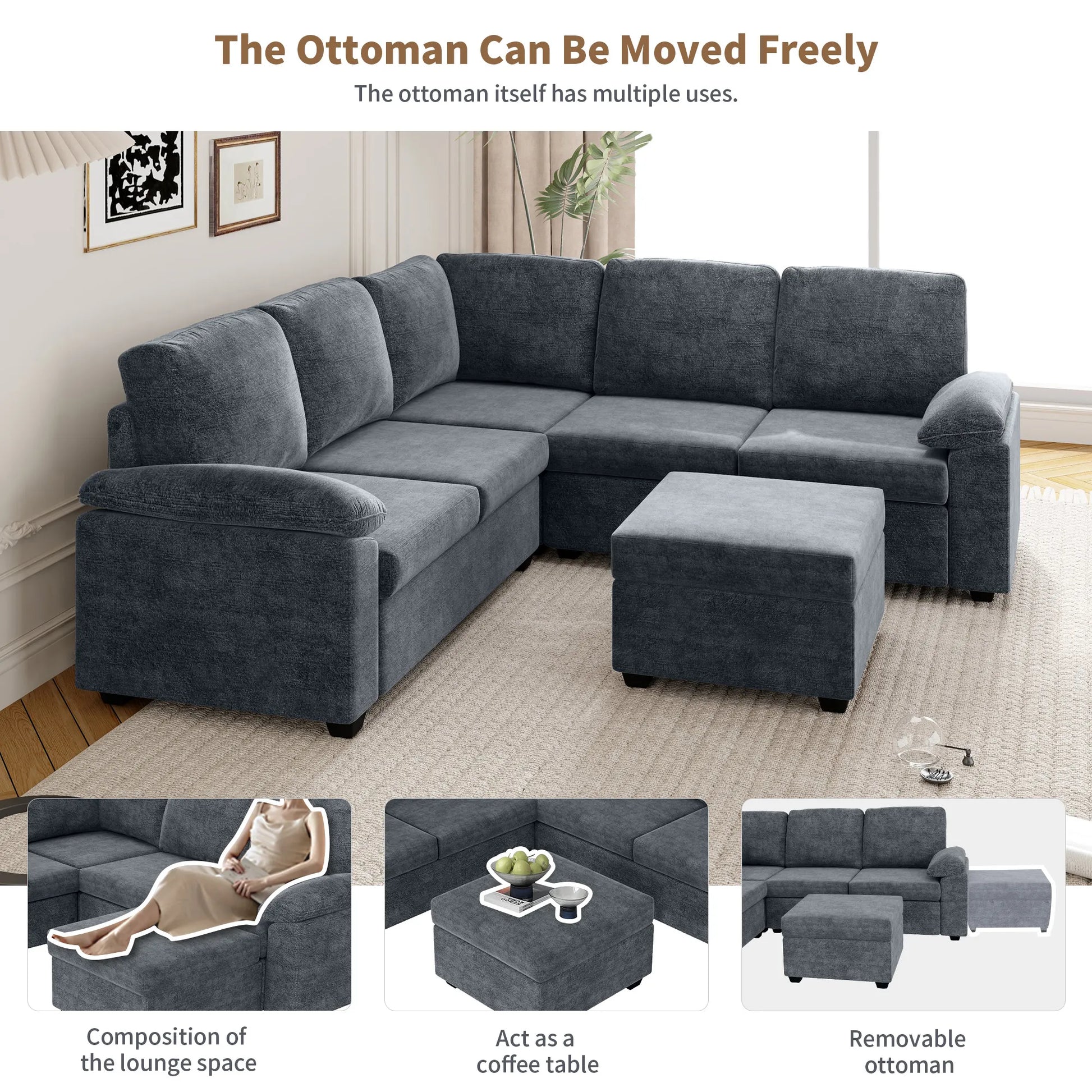 Modern L-Shape Velvet Sectional Sofa, Corner Couch with Ottoman, Grey