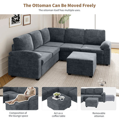 Modern L-Shape Velvet Sectional Sofa, Corner Couch with Ottoman, Grey