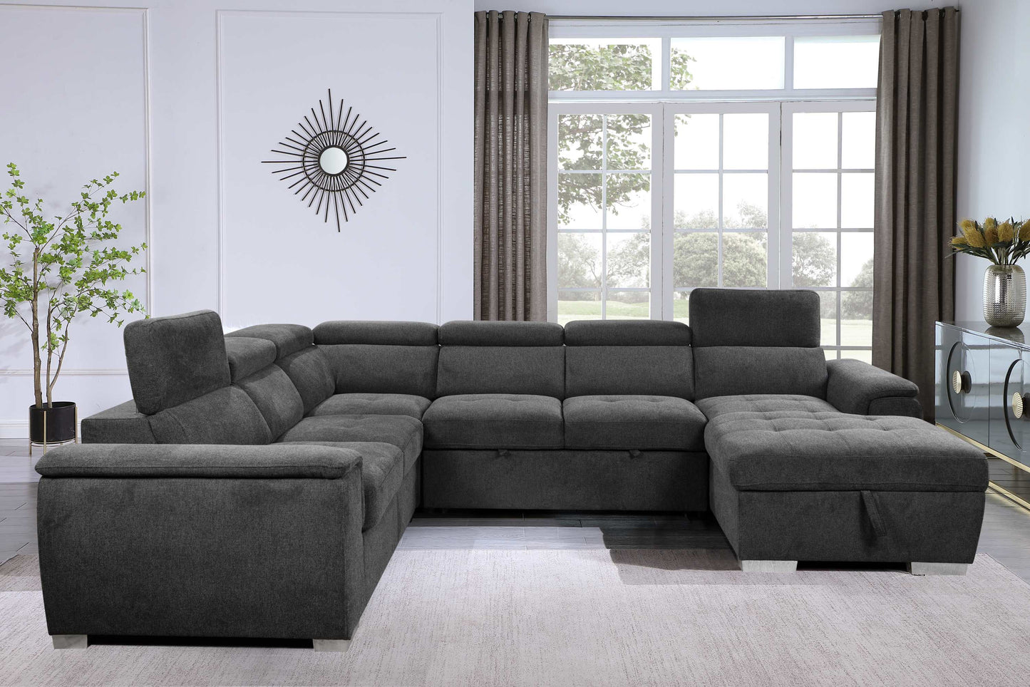 U Shaped 7-seat Sectional with Sofa Bed and Storage Chaise for Living Room - Beige, Gray