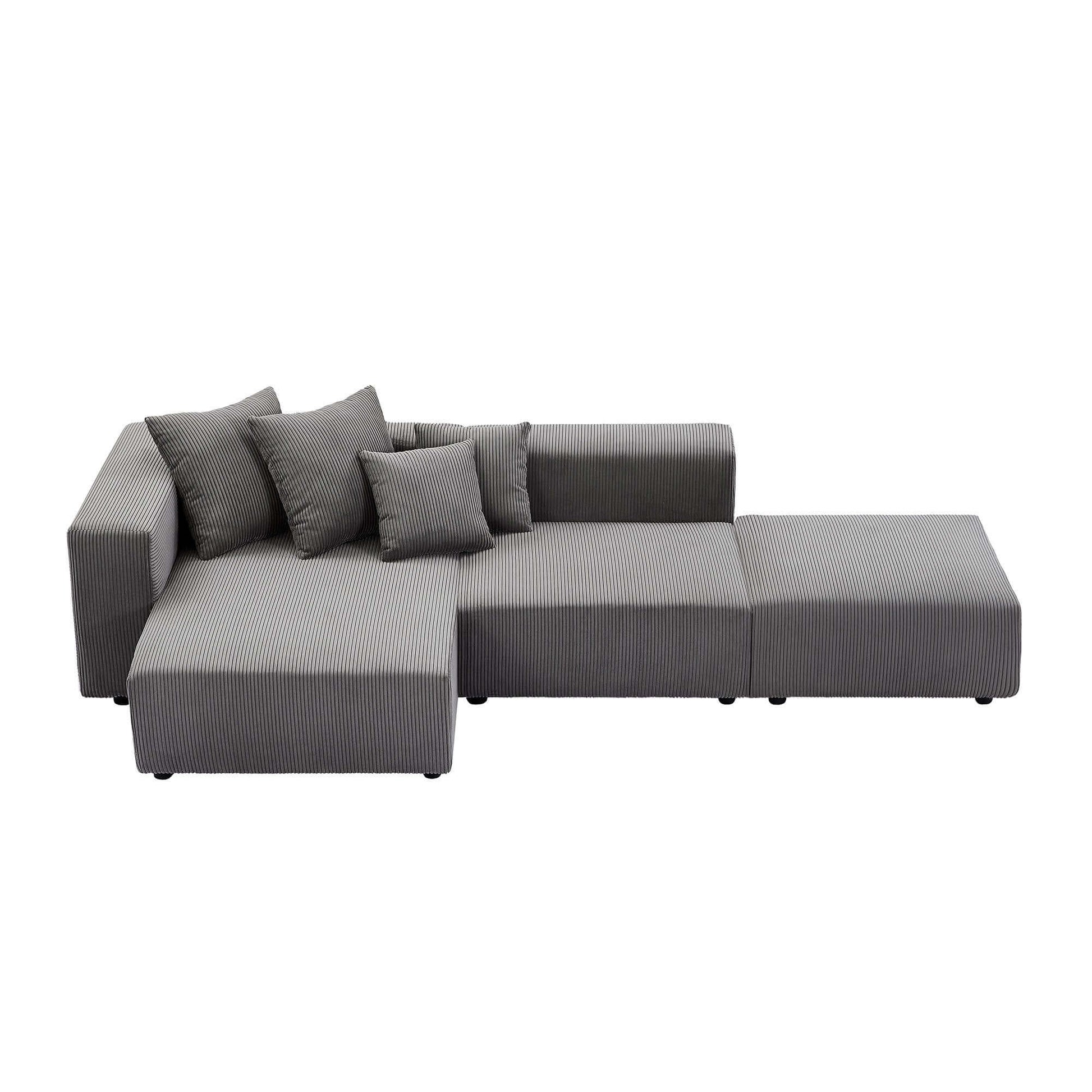 Corduroy Couch, Sofa with Chaise Lounge, 3 Piece - Gray