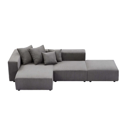 Corduroy Couch, Sofa with Chaise Lounge, 3 Piece - Gray