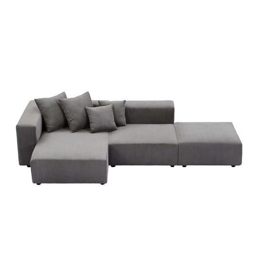 Corduroy Couch, Sofa with Chaise Lounge, 3 Piece - Gray