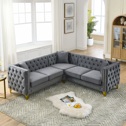 Chesterfield Sofa, L-Shaped Velvet Corner Couch - Gray