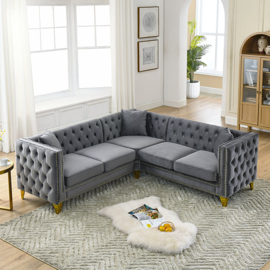 Chesterfield Sofa, L-Shaped Velvet Corner Couch - Gray