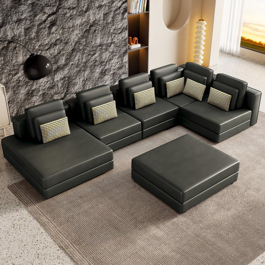 U Shaped Sectional, Sofa with Chaise Lounge and Ottoman - Black